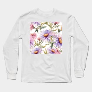 Watercolor Wildflower New England Aster Pattern 1 Long Sleeve T-Shirt